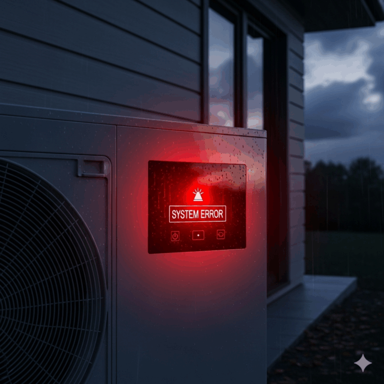 Pompe à chaleur moderne affichant une lumière rouge d'erreur, symbolisant une mise en sécurité ou une panne.